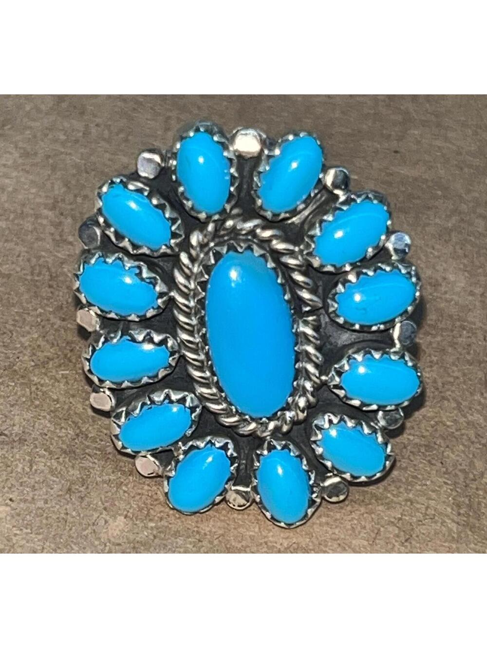Navajo sterling silver traditional natural turquoise cluster ring size 8